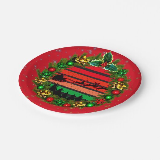 Moderner Retro-Sunset Red Green Santa Wreath 7'" Pappteller (Schrägansicht)