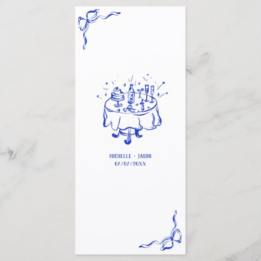 Moderner Retro Whimsical Blue Hand Draw Bow Menükarte (Rückseite)