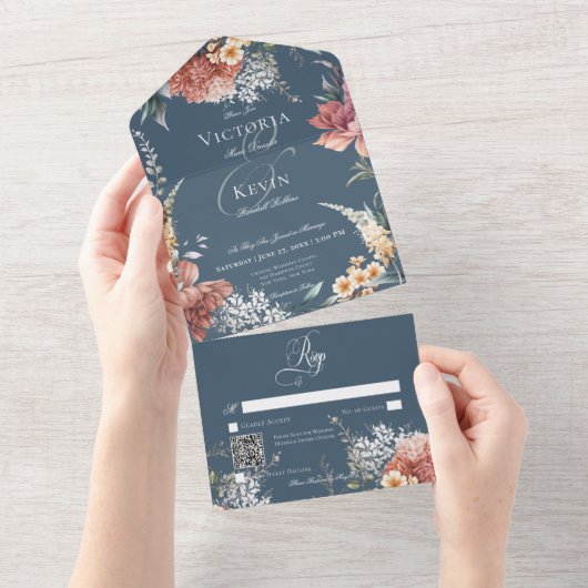 Moderner Romantischer Blauer Garten - QR-Code All In One Einladung (Abreißen)