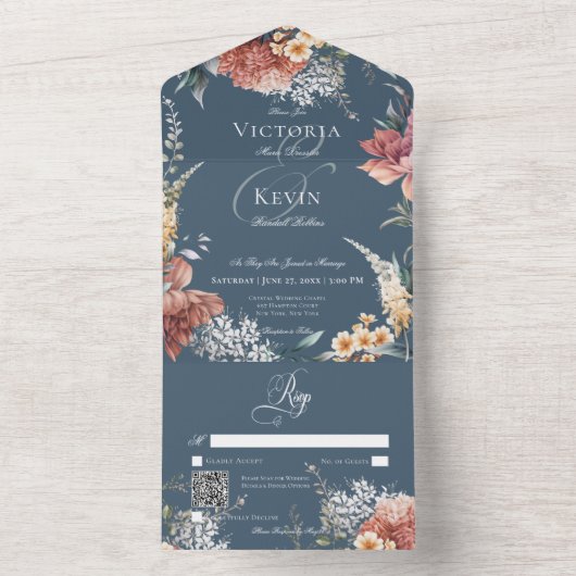 Moderner Romantischer Blauer Garten - QR-Code All In One Einladung (Innen Boden)