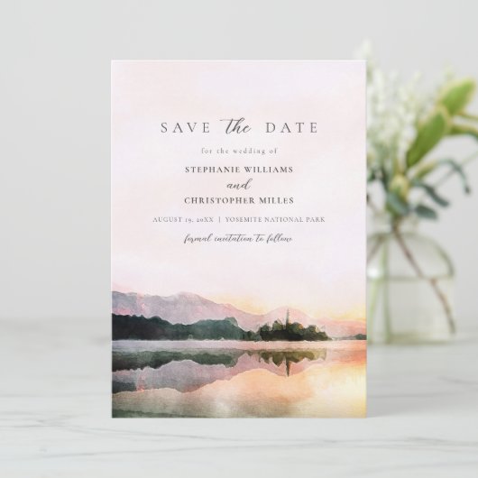 moderner romantischer Sonnenuntergang Save the Dat Einladung (Stehend Vorderseite)