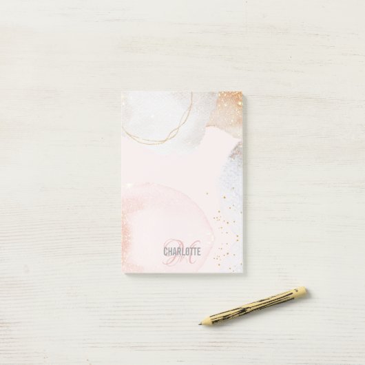 Moderner Rosa abstrakter Monogramm-Name Post-it Klebezettel (Auf Schreibtisch)