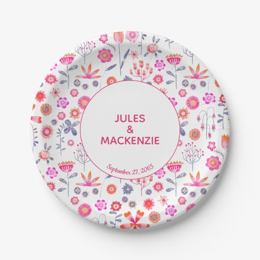 Moderner Rosa Blumengarten Boho Pappteller (Vorderseite)