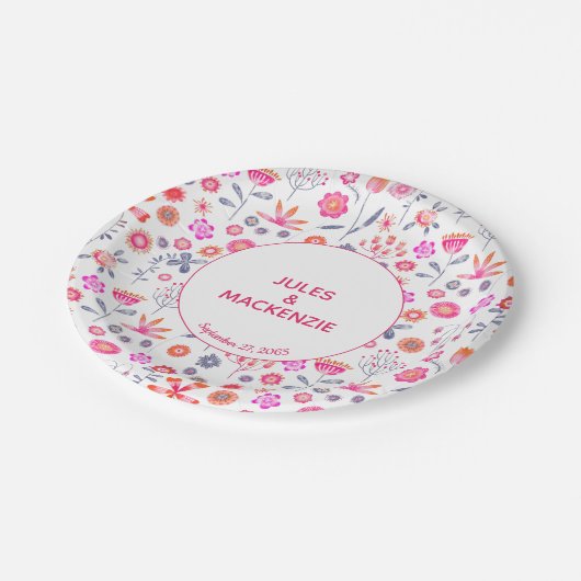 Moderner Rosa Blumengarten Boho Pappteller (Schrägansicht)