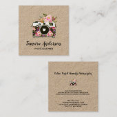 Moderner rosa Blumenkamera-Fotograf Kraftpapier Quadratische Visitenkarte (Vorne/Hinten)