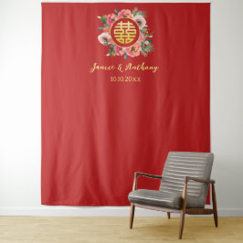 Moderner rosa Blumenkranz in chinesischer Hochzeit Wandteppich