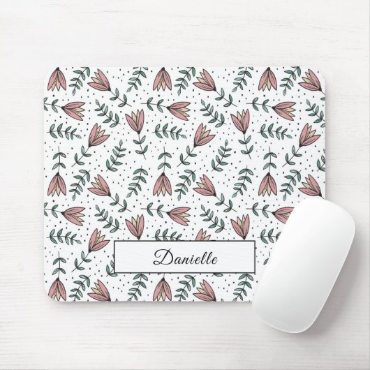 Moderner rosa Blumenmuster-Name Mousepad (Mit Mouse)