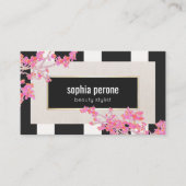 Moderner Rosa Blütenschwarz und weiße Streifen Sal Visitenkarte (Vorderseite)