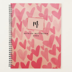 Moderner rosa Doodle-Herzen monogrammierter Planer