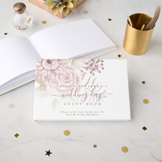 Moderner, rosa Florals Hochzeitstag Gästebuch (Vorderseite Offen)
