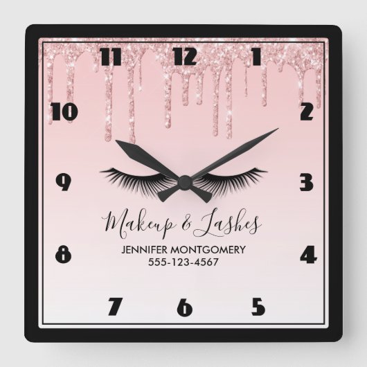 Moderner rosa flüssiger Glitzer u. Eyelashes Quadratische Wanduhr (Vorderseite)
