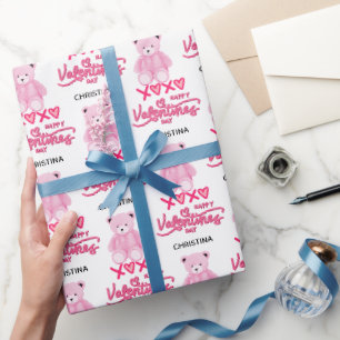 Moderner Rosa Froher Valentinstag Schrift Teddybär Geschenkpapier