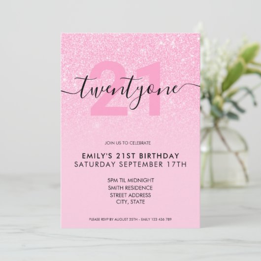 Moderner Rosa Glitzer 21. Geburtstag Einladung (Stehend Vorderseite)