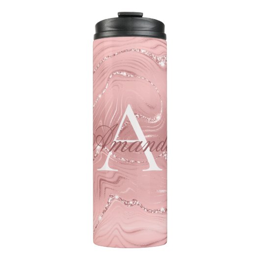 Moderner Rosa Glitzer Girly Monogram Name Th Thermosbecher (Vorderseite)
