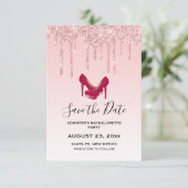 Moderner rosa Glitzer High Heels Bachelorette Save The Date (Stehend Vorderseite)