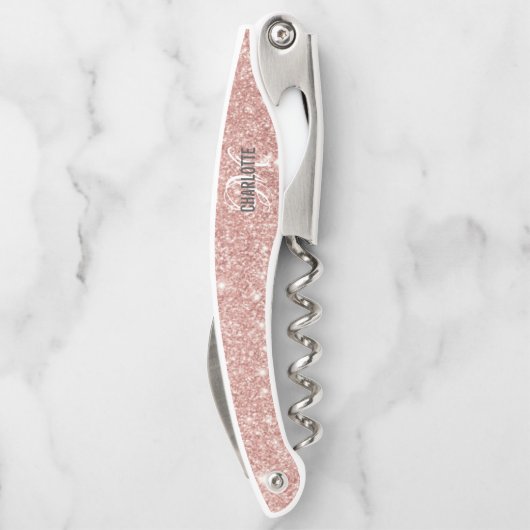 Moderner Rosa Glitzer Monogramm Name Kellner c Kellnermesser (Rückseite)