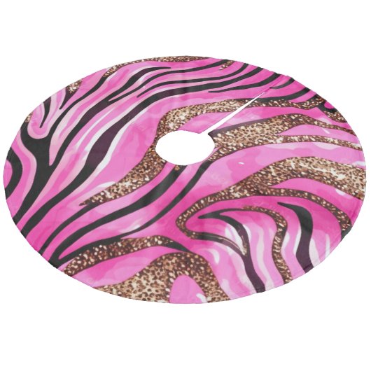 Moderner rosa Glitzer Tiger Streifen Muster Fleece Weihnachtsbaumdecke (Schrägansicht)