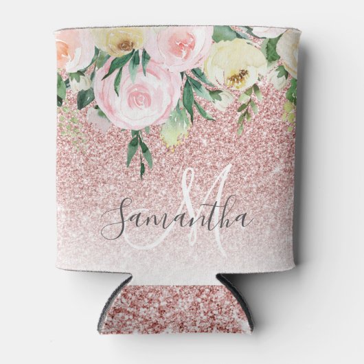 Moderner rosa Glitzer und Blume mit Namen Dosenkühler (Vorderseite)