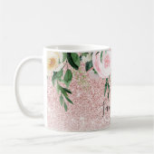 Moderner rosa Glitzer und Blume mit Namen Kaffeetasse (Links)