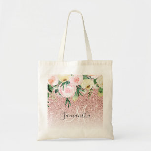 Moderner rosa Glitzer und Blume mit Namen Tragetasche