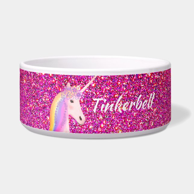 Moderner rosa Glitzer Unicorn Personalisiert Hund Napf (Vorderseite)