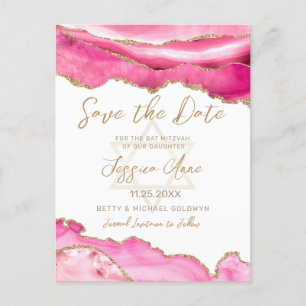 Moderner Rosa Gold Glitzer Agate Bat Mitzvah Rette Ankündigungspostkarte