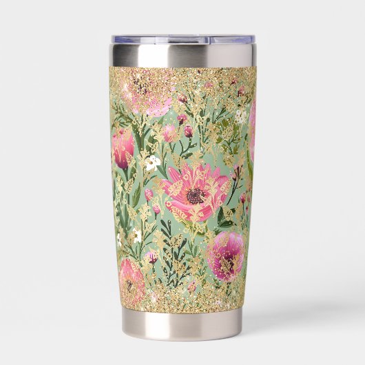 Moderner Rosa Grüner Blumenchic Gold Glitzer Elega Thermobecher (Vorderseite)