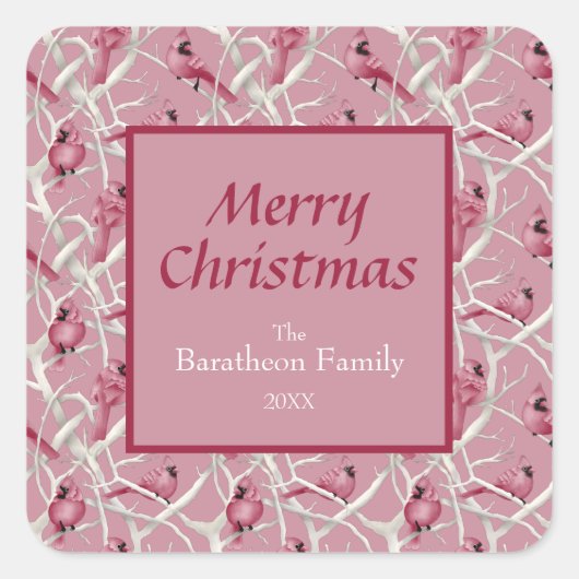 Moderner rosa Kardinal Bird Frohe Weihnachten Quadratischer Aufkleber (Vorderseite)