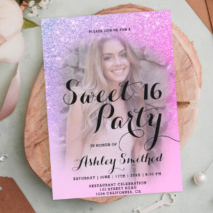 Moderner rosa lila Glitzer ombre Foto Sweet 16 Einladung