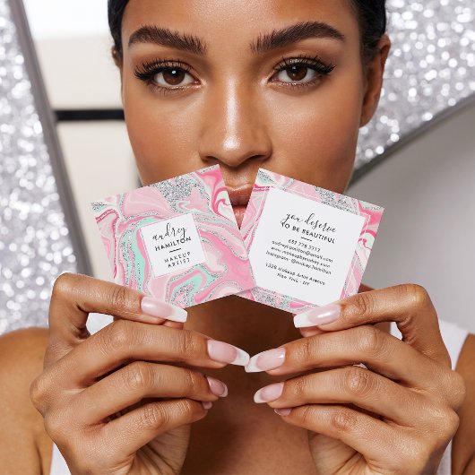 Moderner rosa Marmor silber eleganter Make-up-Küns Quadratische Visitenkarte