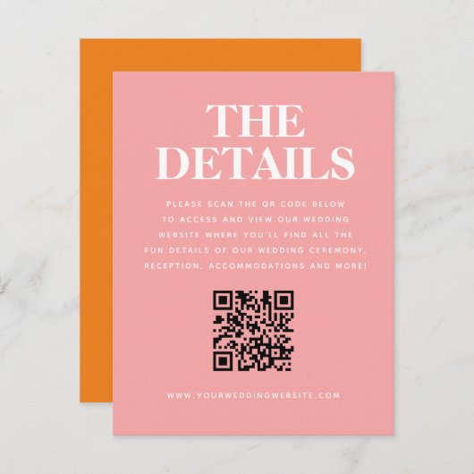 Moderner rosa orangefarbener QR-Code für Hochzeite Begleitkarte (Vorne/Hinten)