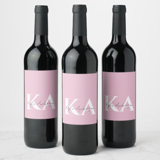 Moderner rosa Personalisierter Monogramm-Name: Weinetikett (Flaschen)