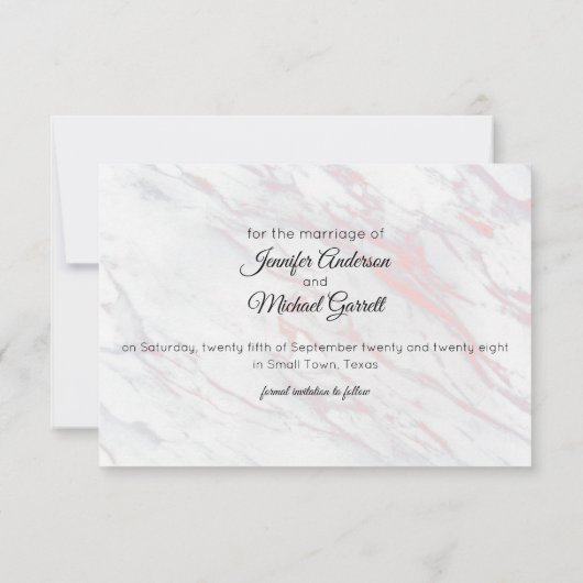 Moderner rosa und grauer Marmor Save The Date (Rückseite)