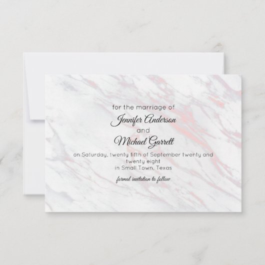 Moderner rosa und grauer Marmor Save The Date (Rückseite)