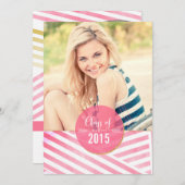 Moderner rosa Wasserfarben Streifen Foto Abschluss Einladung (Vorne/Hinten)