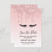 Moderner rosafarbener Glitzer & Eyelashes Save The Date (Vorne/Hinten)