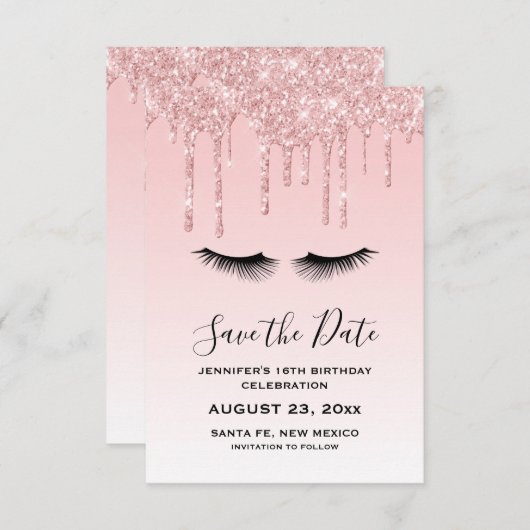 Moderner rosafarbener Glitzer & Eyelashes Save The Date (Vorne/Hinten)