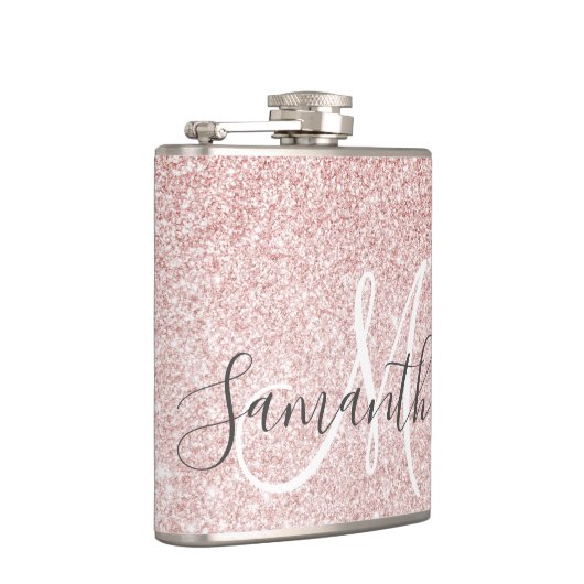 Moderner rosafarbener Glitzer Glitzern Personalisi Flachmann (Rechts)