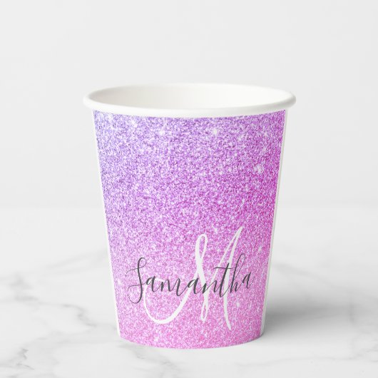 Moderner rosafarbener Glitzer Glitzern Personalisi Pappbecher (Rückseite)