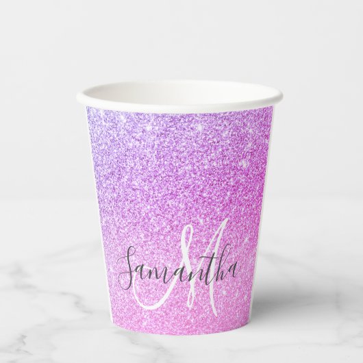 Moderner rosafarbener Glitzer Glitzern Personalisi Pappbecher (Vorderseite)