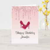 Moderner rosafarbener Glitzer Hohe Heels Geburtsta Karte (Gelbe Blume)