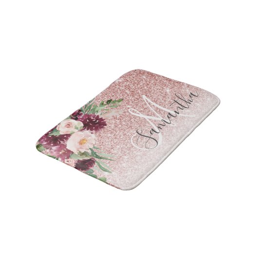 Moderner rosafarbener Glitzer und Blume mit Namen Badematte (Schrägansicht)