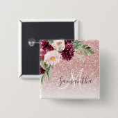 Moderner rosafarbener Glitzer und Blume mit Namen Button (Vorne & Hinten)