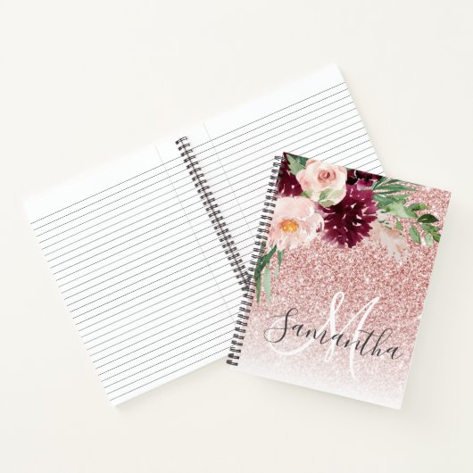 Moderner rosafarbener Glitzer und Blume mit Namen Notizblock (Innenseite)