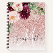 Moderner rosafarbener Glitzer und Blume mit Namen Notizblock (Vorderseite)