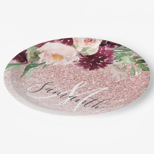 Moderner rosafarbener Glitzer und Blume mit Namen Pappteller (Schrägansicht)
