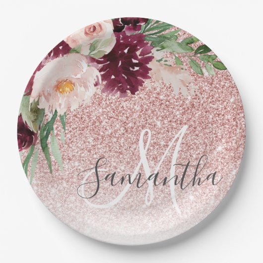 Moderner rosafarbener Glitzer und Blume mit Namen Pappteller (Vorderseite)