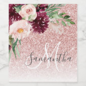 Moderner rosafarbener Glitzer und Blume mit Namen Weinetikett (Einzelnes Label)