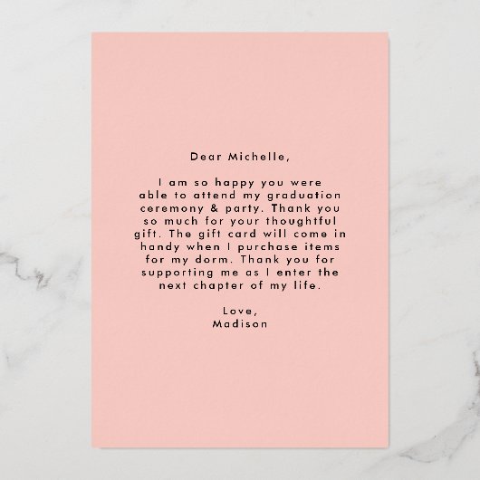 Moderner Rose Foil Abschluss Danke Karte (Rückseite)