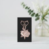 Moderner Rose Gold Blume & Schere Schönheitssalon Visitenkarte (Stehend Vorderseite)